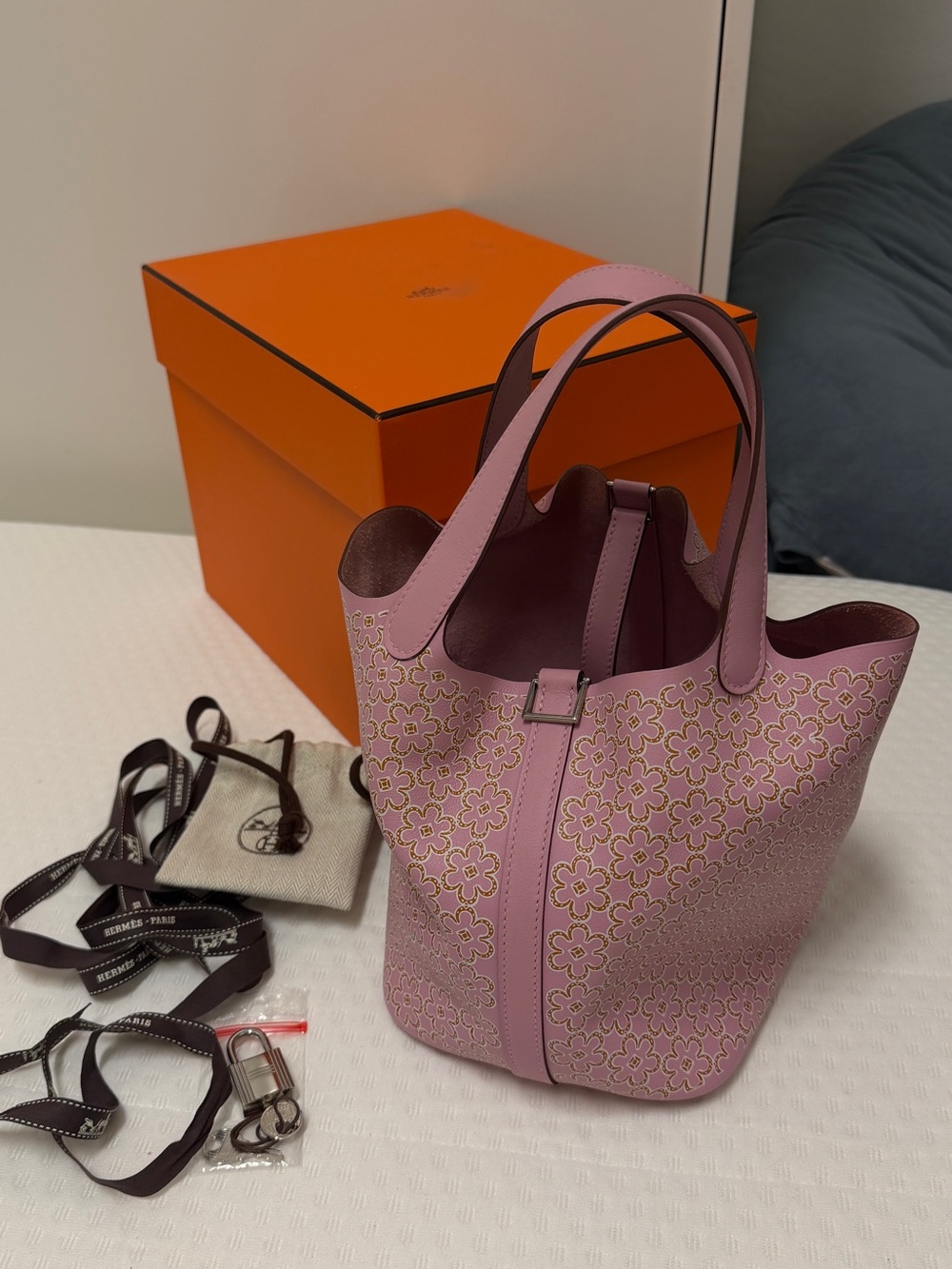 Hermes Pink Floral Perforated Leather Mini Picotin